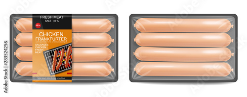 Sausage pack Vector realistic. Product placement label design. Uncooked food serving . 3d illustrations
