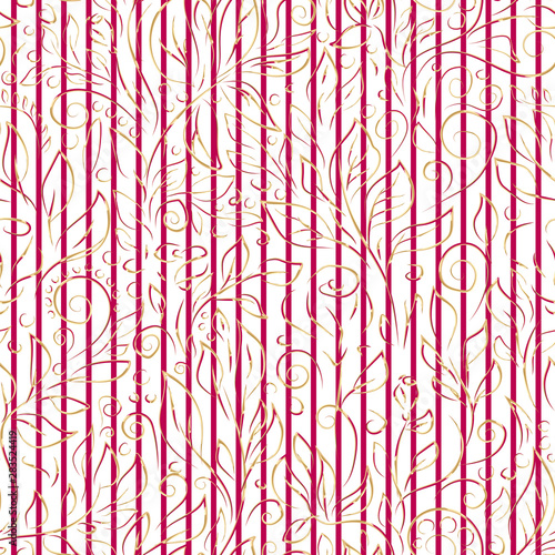 Baroque style striped vector seamless pattern. Hand drawn crimson with gold contours of flowers  leaves and stripes on white background. Luxury template for design  textile  ceramic tile  walpaper.