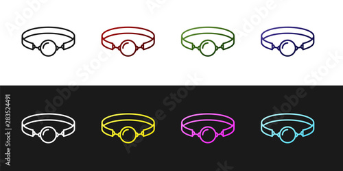 Set Silicone ball gag with a leather belt icon isolated on black and white background. Fetish accessory. Sex toy for men and woman. Vector Illustration