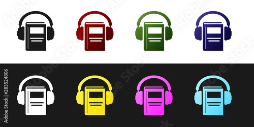 Set Audio book icon isolated on black and white background. Book with headphones. Audio guide sign. Online learning concept. Vector Illustration