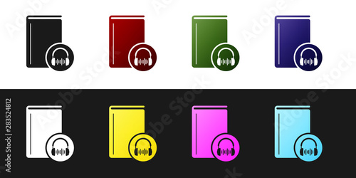 Set Audio book icon isolated on black and white background. Book with headphones. Audio guide sign. Online learning concept. Vector Illustration