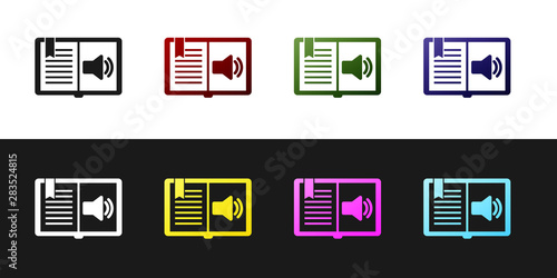 Set Audio book icon isolated on black and white background. Audio guide sign. Online learning concept. Vector Illustration