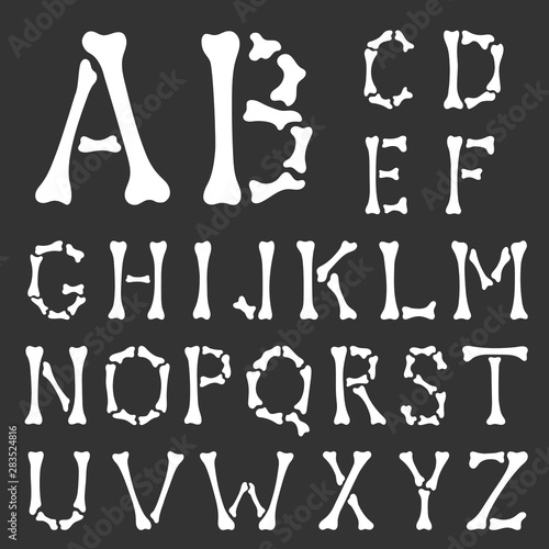 Alphabet. Capital letters made of bones on a black background. Hand drawing style. Vector illustration