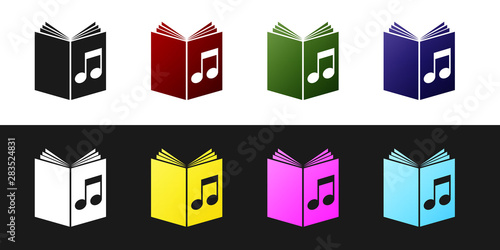 Set Audio book icon isolated on black and white background. Musical note with book. Audio guide sign. Online learning concept. Vector Illustration
