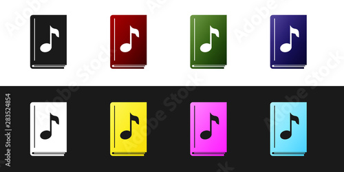 Set Audio book icon isolated on black and white background. Musical note with book. Audio guide sign. Online learning concept. Vector Illustration
