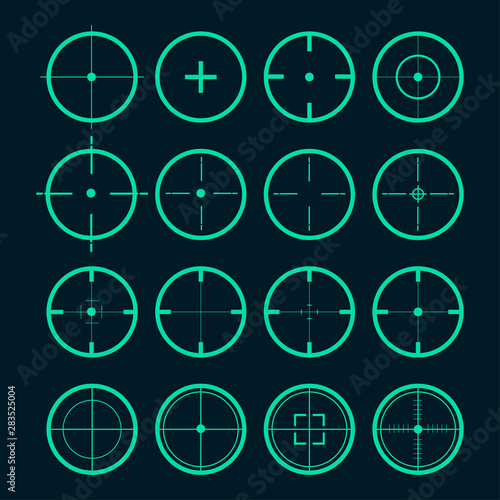 Target set. Sight symbol black colored. Set of 16 sight. Target aim and aiming to bullseye signs symbol. Vector