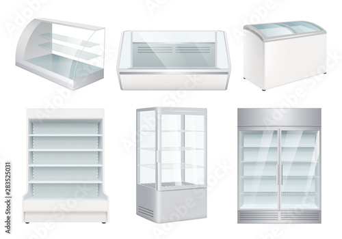 Refrigerator empty. Supermarket retail equipment vector realistic refrigerators for store. Refrigerator for retail or supermarket, showcase for cafe illustration photo