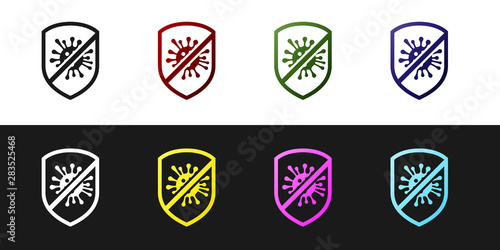 Set Stop virus, bacteria, germs and microbe icon isolated on black and white background. Antibacterial and antiviral defence, protection infection. Vector Illustration