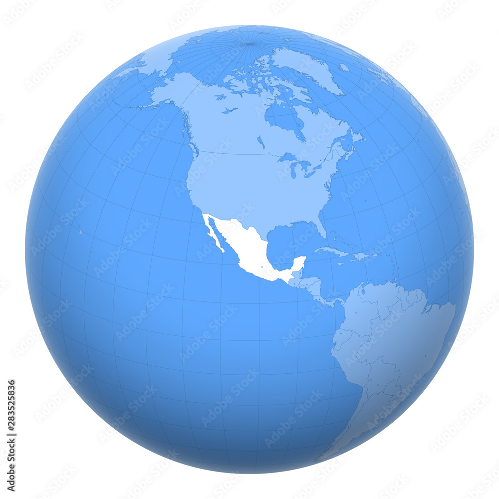Mexico on the globe. Earth centered at the location of the United Mexican States. Map of Mexico. Includes layer with capital cities. Mexico on the globe. Earth centered at the location of the United Mexican States. Map of Mexico. Includes layer with capital cities.