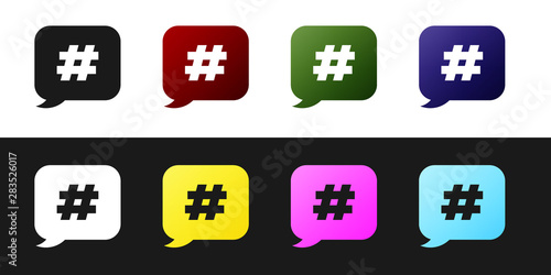 Set Hashtag speech bubble icon isolated on black and white background. Concept of number sign, social media marketing, micro blogging. Vector Illustration