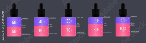 E liquid rectangle bottle infographic components (propylene glycol, vegetable glycerin, nicotine, flavors) ratio