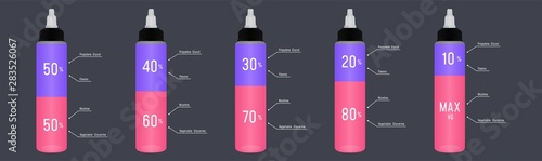 E liquid bottle infographic components (propylene glycol, vegetable glycerin, nicotine, flavors) ratio