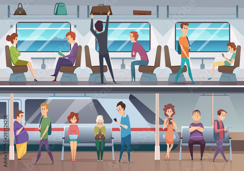 Subway. People waiting train in urban metro underground platform vector background. Train in metropolitan with passenger, commuter inside illustration