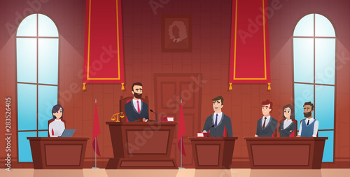 Court room. Judge in courtroom police officer characters of jury inside evidence vector picture. Courthouse and justice, judge and session illustration