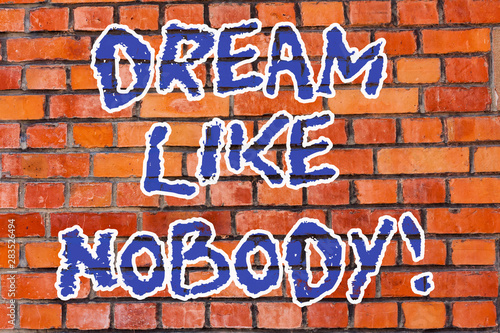 Word writing text Dream Like Nobody. Business concept for wish for bigger things goals than everyone on planet Brick Wall art like Graffiti motivational call written on the wall