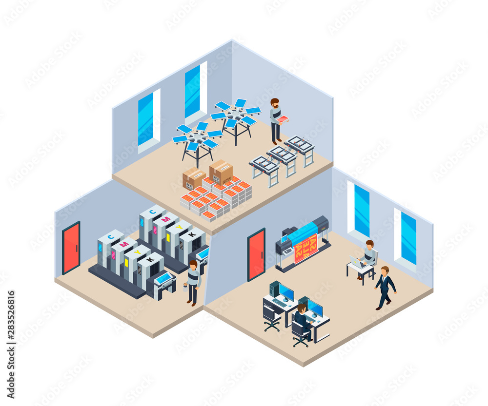 Printing house. Production industry polygraphy print technology company vector interior of printing house. Illustration of isometric digital equipment printer