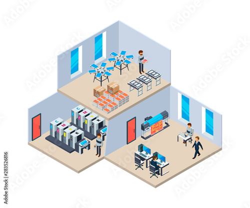 Printing house. Production industry polygraphy print technology company vector interior of printing house. Illustration of isometric digital equipment printer © ONYXprj