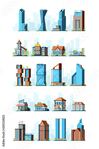 City infrastructure. Urban construction houses skyscraper gas station school store bank municipal buildings vector 2d pictures. Set of building house, office and store, bank skyscraper illustration