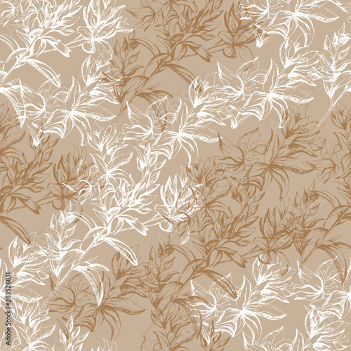 Light beige background from white contour flowers. Texture for the decoration of fabrics, tiles and paper and wallpaper on the wall.