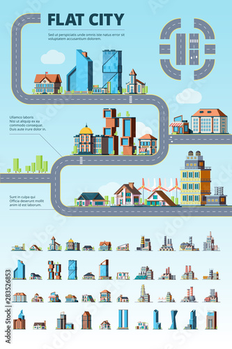 Flat city infographic. Cityscape municipal buildings urban road architectural elements vector creation kit. Illustration of infographic road, building house on map