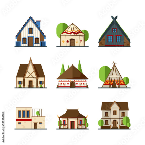 Traditional buildings. Houses and constructions of different countries europe asian indian african tent vectors. Building architecture, house traditional exterior illustration
