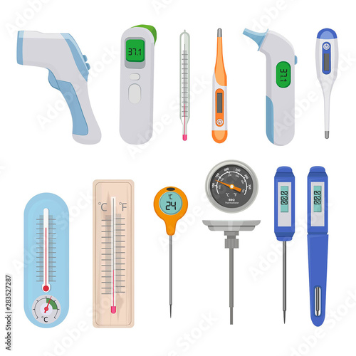 Thermometers. Difference hot and cold temperature measure counters indicators high and low vector pictures. Collection of instruments for measurement temperature illustration