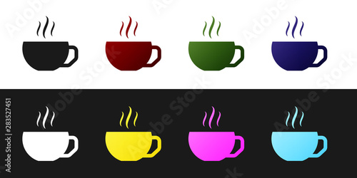 Set Coffee cup flat icon isolated on black and white background. Tea cup. Hot drink coffee. Vector Illustration