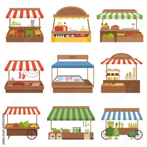 Local market. Outdoor shop places fresh farm foods vegetables fruits milk and meat owners vector illustrations. Market with fresh fruit and vegetable, products assortment