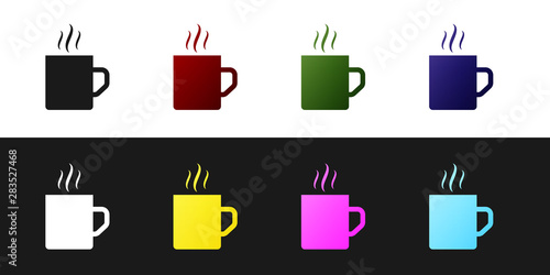 Set Coffee cup flat icon isolated on black and white background. Tea cup. Hot drink coffee. Vector Illustration