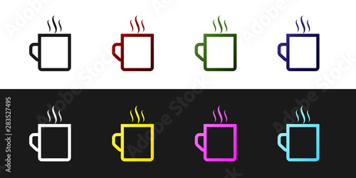 Set Coffee cup flat icon isolated on black and white background. Tea cup. Hot drink coffee. Vector Illustration