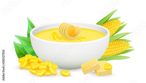 Corn porrige vector. Realistic vector bowl with corn soup and butter isolated on white background. Healthy food, polenta. Fresh corn soup and porrige in bowl illustration