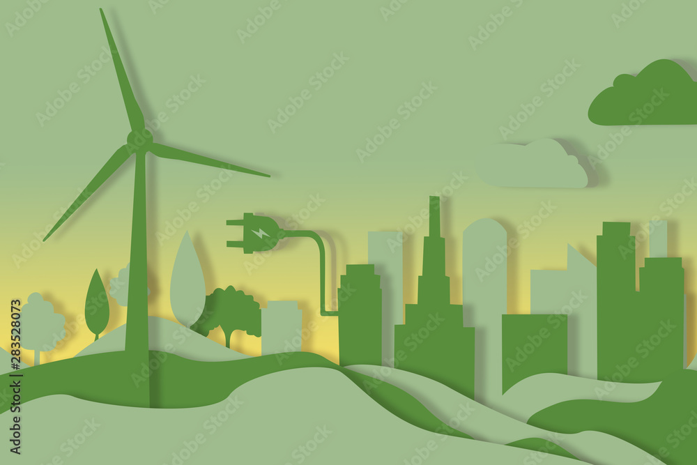 paper art cut 3d layer green energy concept. nature with city landscape.