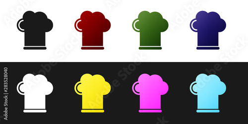 Set Chef hat icon isolated on black and white background. Cooking symbol. Cooks hat. Vector Illustration