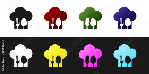 Set Chef hat with fork and spoon icon isolated on black and white background. Cooking symbol. Restaurant menu. Cooks hat. Vector Illustration