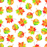 Seamless pattern with colorful watercolor leaves. Hand drawn illustration. Design for paper, greeting cards, wrapping, covers and fabric.