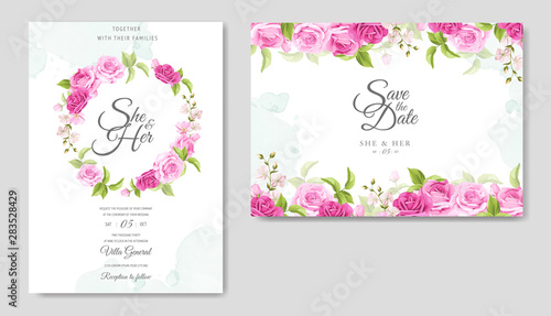 wedding invitation card with beautiful floral and leaves template © lukasdedi