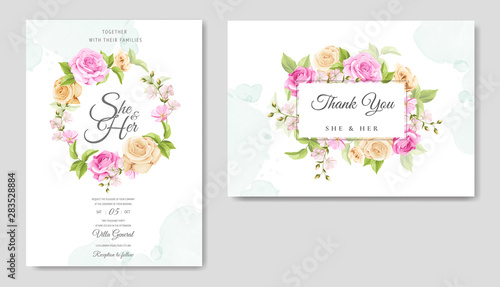 wedding invitation card with beautiful floral and leaves template