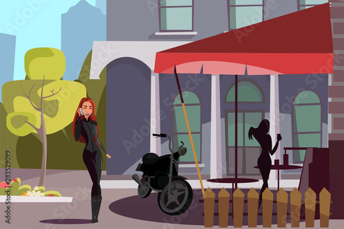 Female biker outside cafe flat vector illustration