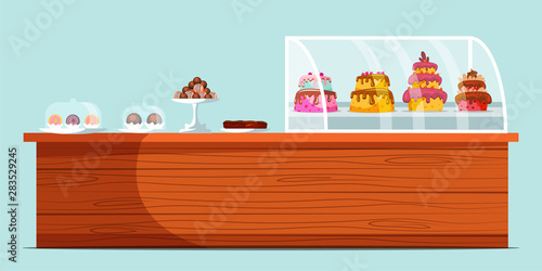 Confectionery showcase flat vector illustration