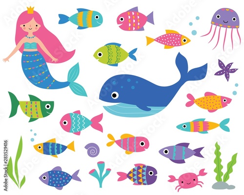 Isolated set  with a mermaid, a whale, fishes and underwater elements