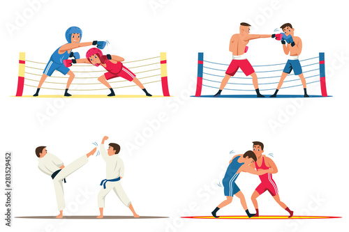 Professional fighters flat illustrations set