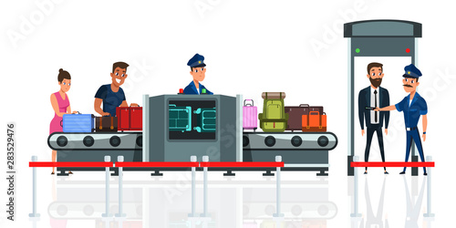 Airport or railway station security check flat vector illustration