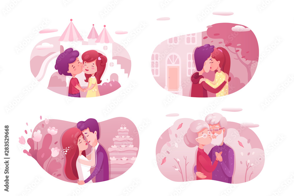 Fototapeta premium Couples in love kissing vector illustrations set.