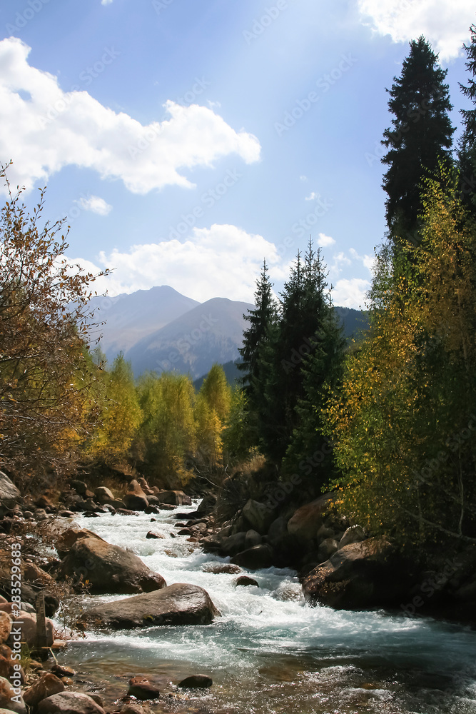 Mountain river with clear water in the fall.