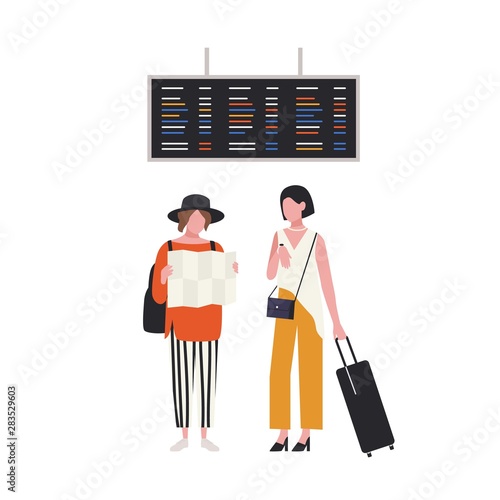 Pair of girls with map and suitcase waiting at airport terminal. Young female tourists with luggage. Travellers with baggage are going on summer vacation or trip. Flat cartoon vector illustration.