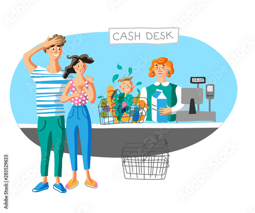 Family at cash desk flat vector illustration