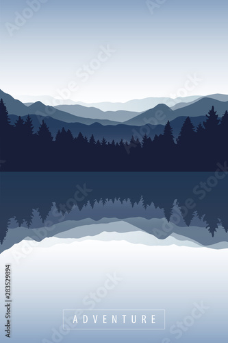 blue forest and mountain nature landscape by the lake vector illustration EPS10