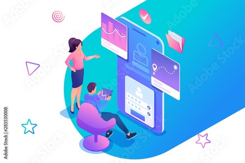 Isometric concept young people are engaged in Testing the Mobile application, the work of the program. Concept for web design
