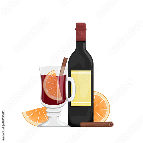 Red mulled wine in a Cup with orange slices and spices. Vector flat illustration with bottle of wine, mulled wine in a glass.