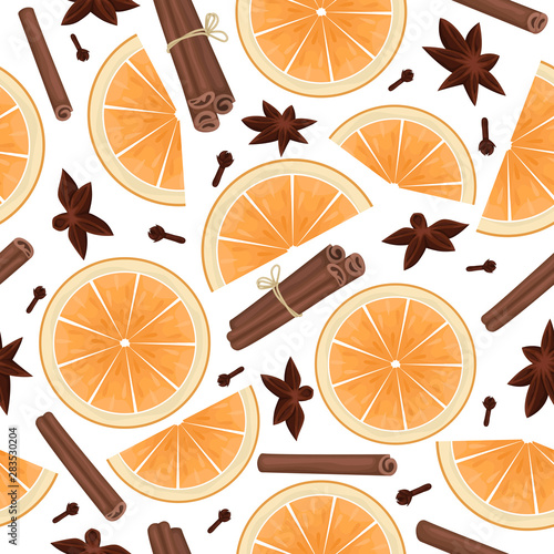 Vector seamless pattern with orange slices, cinnamon sticks, star anise and cloves